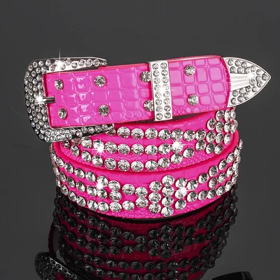 Pink 18 PU Женские дизайнерские роскошные стразы, широкие ремни, однотонный ремень из воловьей кожи для женщин, модный Леопардовый яркий ремень с кристаллами для джинсов - Цвет: Pink 18 PU