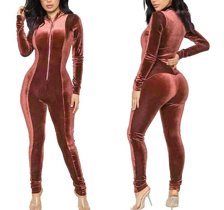 Спереди на молнии бархатный воротник боди Для женщин зима длинный рукав длинные