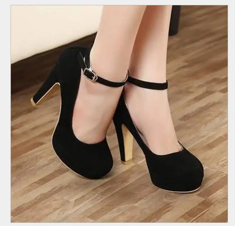 2019 women's pumps fashion party wedding chunky heels with shallow mouth round head Solid color velvety buckle shoes for women | Обувь