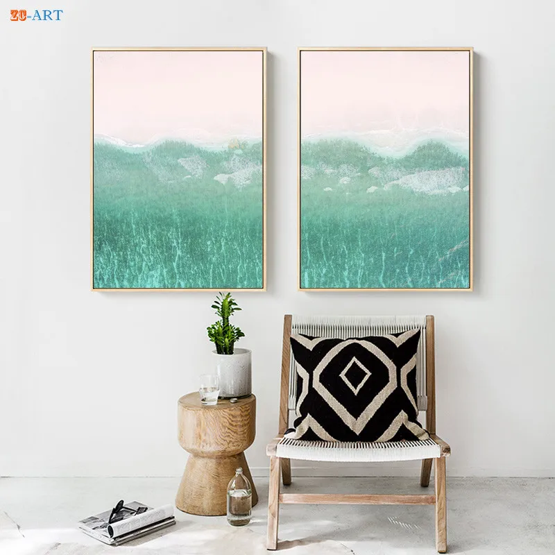 Холст с изображением волн Турецкого океана в бирюзовых тонах, постер с пляжем и розовой стеной, кустарниками для оформления прибрежной зоны в гостиной.