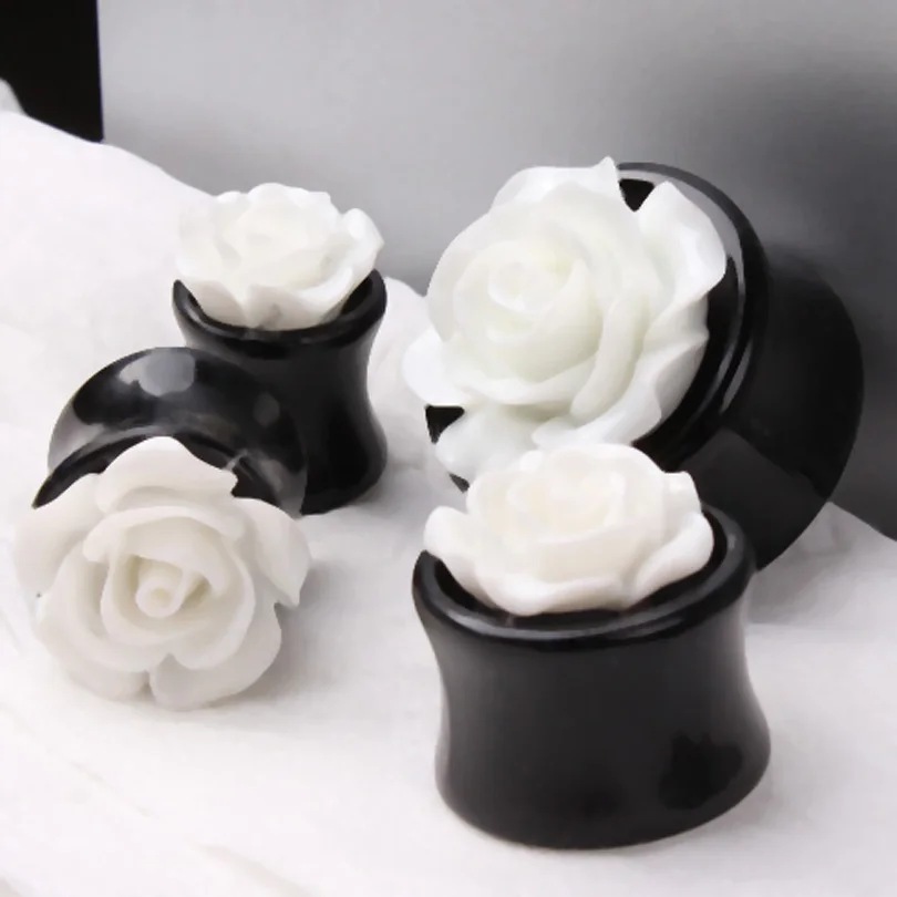 2 шт. большой размер белая роза цветок заглушка для ушей черная акриловая мякоть