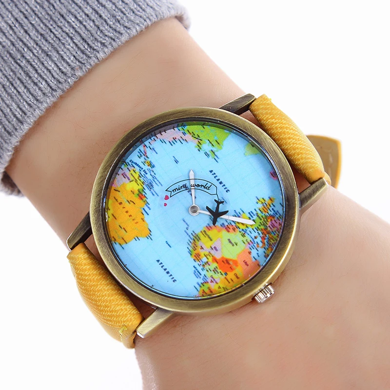 Новые модные женские туфли Часы Ткань кожаный ремешок мира Географические карты