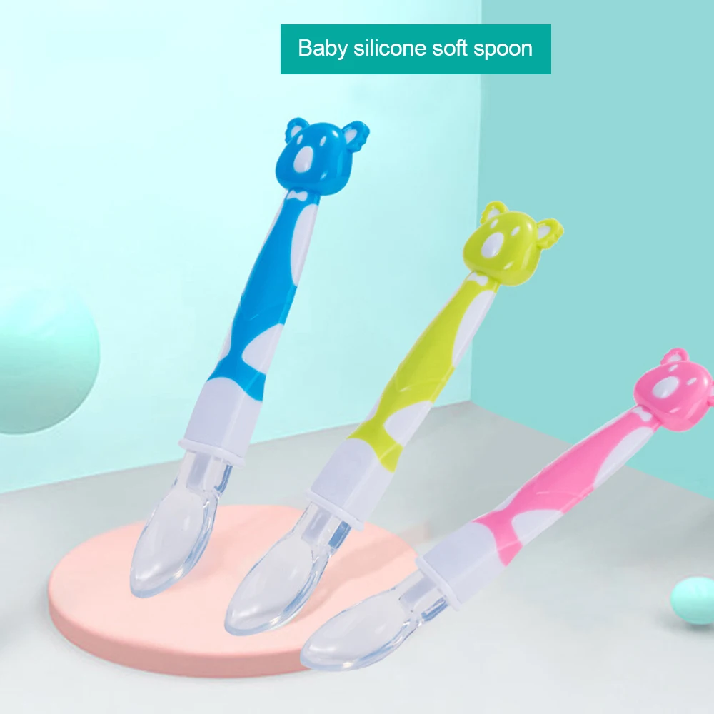 3 Colors Cartoon double-sided bear silicone spoon silicone soft spoon baby feeding tableware baby training spoon tableware Kits