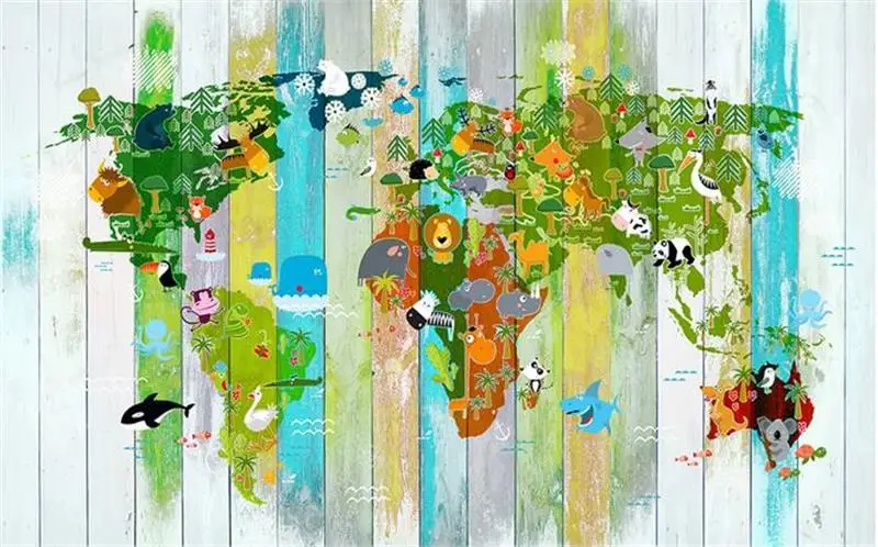 3d фотообои на заказ для кровати комнаты настенные Мультяшные животные Карта мира