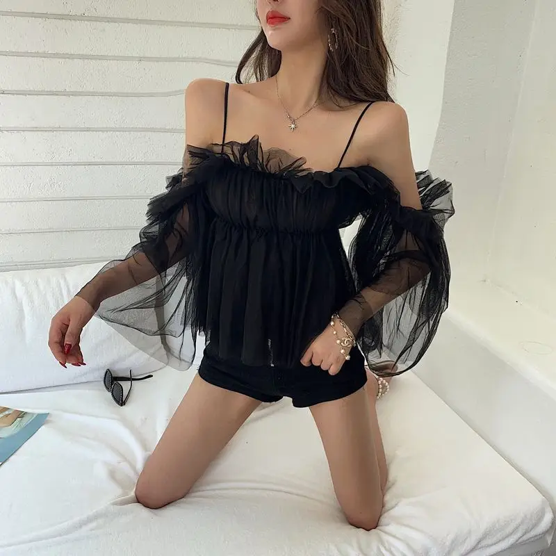 Cheerart сетчатый Cami женский короткий топ с рюшами, сексуальный топ-бюстье, летний белый/черный/фиолетовый прозрачный Топ для женщин