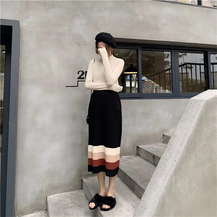 Alien Kitty Patchwork Spring Autumn Fresh Women's Slim Color-Hit Skirts High Waist Skirt Simple Fresh Skirts A-line Skirts