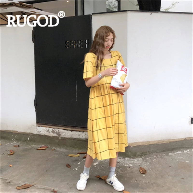 Женское платье макси RUGOD повседневное свободное в клетку с квадратным воротником