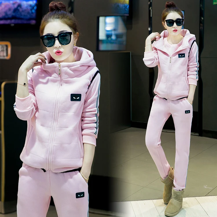 

Lady Outfit New 2016 Womens Leisure Suit Long-Sleeved Hoodies Vest Pants With Velvet Casual Trousers Suit Three-Piece Clothes