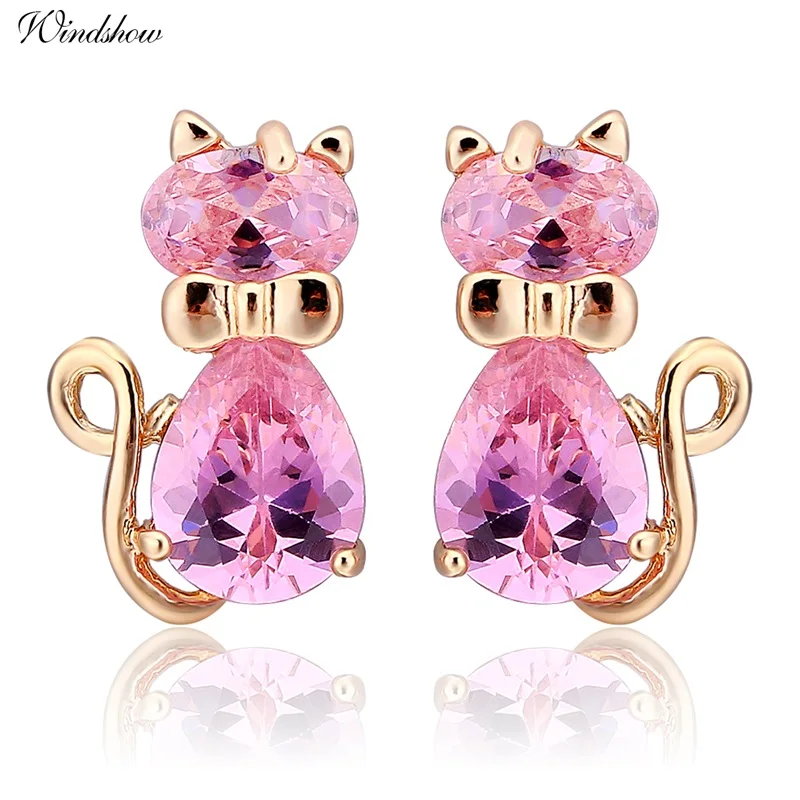 Yellow Gold Color Cute Bow Knot Pink Crystals CZ Cats Stud Earrings for Women Children Girls Kids Gatos Jewelry bijoux Aros|earring stopper|stud