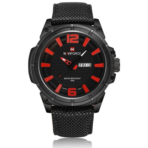 black red NAVIFORCE Лидирующий бренд военные часы мужские модные повседневные парусиновые кожаные спортивные Кварцевые Мужские наручные часы Relogio Masculino - Цвет: black red