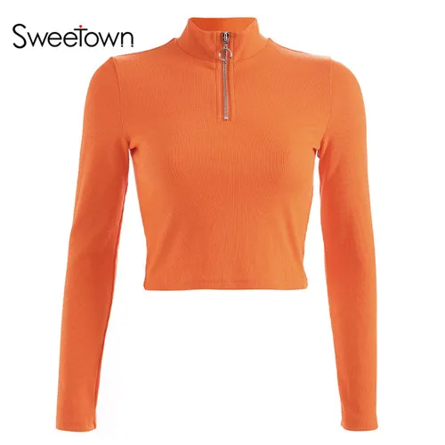 orange Sweetown короткий топ с длинным рукавом Футболка женская оранжевая Сексуальная корейская мода Топы Осень Vogue вязаная водолазка футболка - Цвет: orange