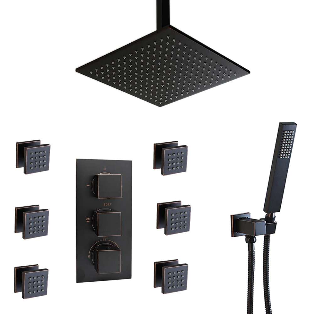 12&quot ORB Black Bass LED Shower Head Bathroom Thermostatic Set With 6pcs Body Jets | Обустройство дома