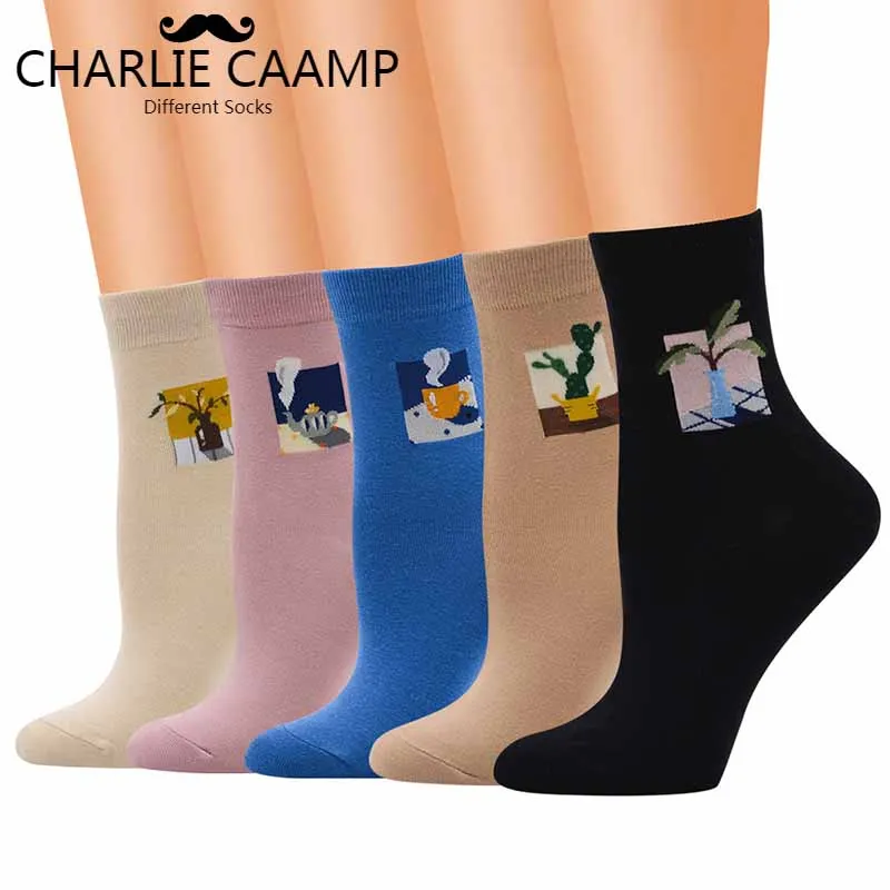 2018 New Women Fashion Personality Abstract Plant Series Literature Harajuku Landscape Illustration Simple Cotton Socks F242 | Женская
