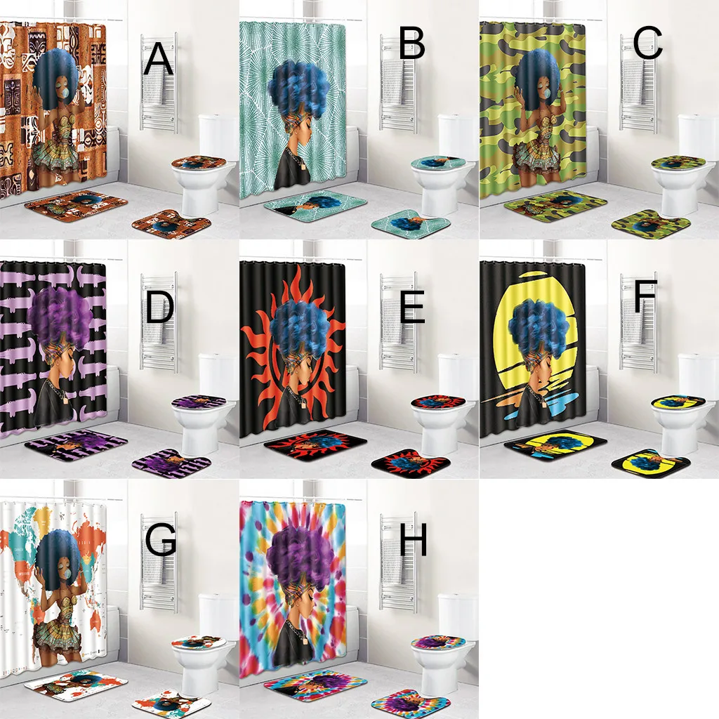 Ouneed 4PCS set Creative african girls prints Bathroom Shower Curtains set Non Slip pattern Toilet Shower curtains Cover Mat set