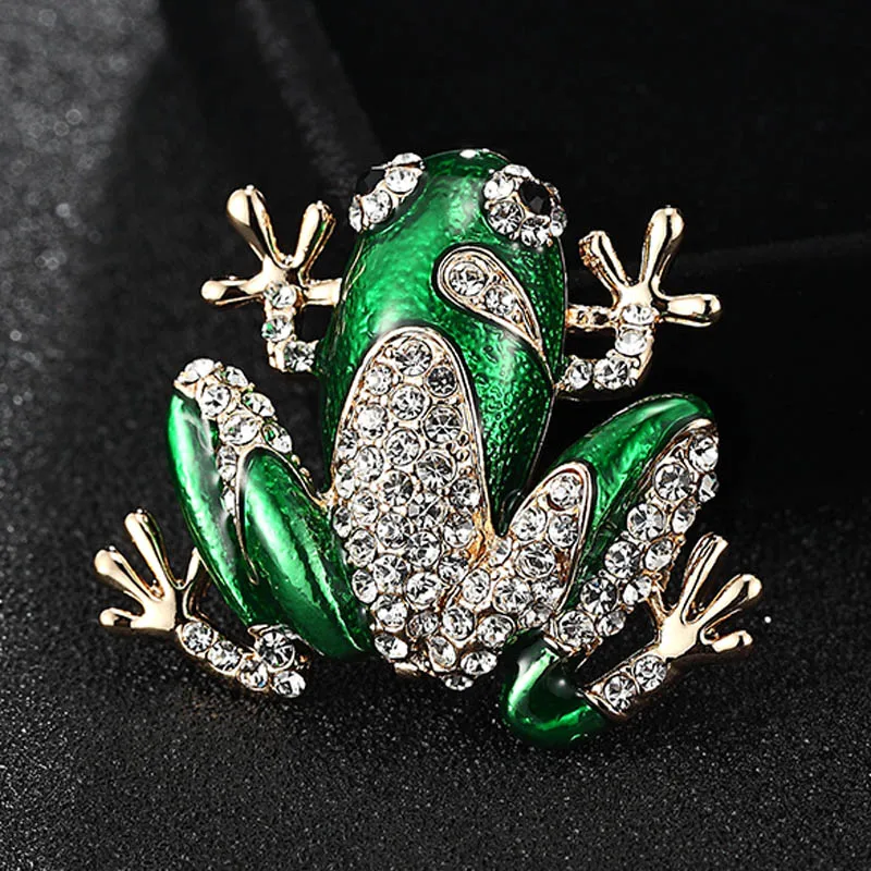 

12pcs/lot Wholesale Price Green Enamel Pin Brooch Rhinestone Crystal Frog Pin Brooches For Women Christmas Hijab Accessories