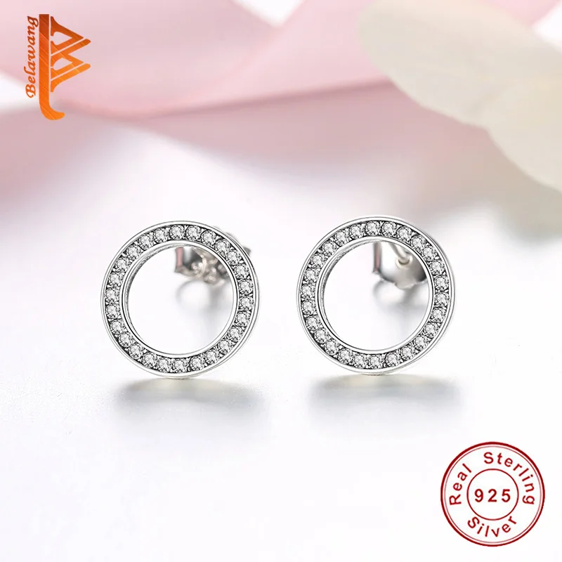 BELAWANG Forever Прозрачные Серьги с кристаллами CZ 925 пробы серебряные круглые серьги-гвоздики Свадебные ювелирные изделия Oorbellen Bijoux