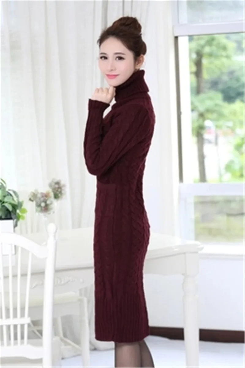 wine red style 1 Осенне-зимний свитер с высоким воротом, Женский вязаный пуловер с разрезом, длинный свитер, платье, Pull Femme, толстый свитер, пуловеры, платье C3685 - Цвет: wine red style 1