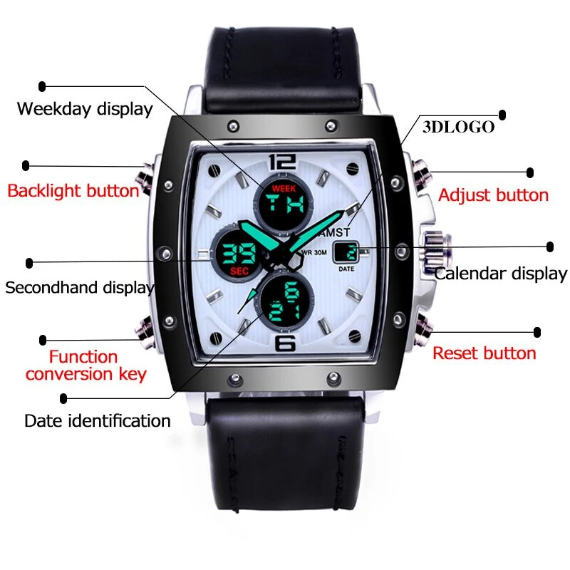 AMST Square dial Men Analog Digital Army Military Watch 5ATM Waterproof Clock Sport Wristwatch Quartz LED Mens Watches Relogio | Наручные