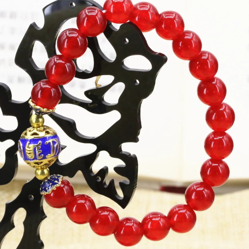 Хуаньхуань 8 мм красный натуральный каменный халцедонский нефрит круглые бусы, браслеты для женщин браслет золотого цвета, ювелирные изделия из перегородчатой эмали 7,5 дюймов B3167