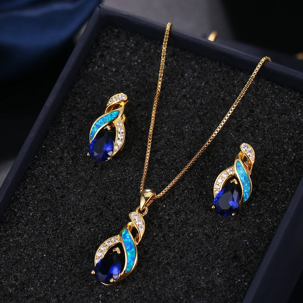 

Hermosa Natural Blue Opal Blue Sapphiree Yellow Gold Charm Pendant Necklace Earrings Jewelry Sets For Women JS9