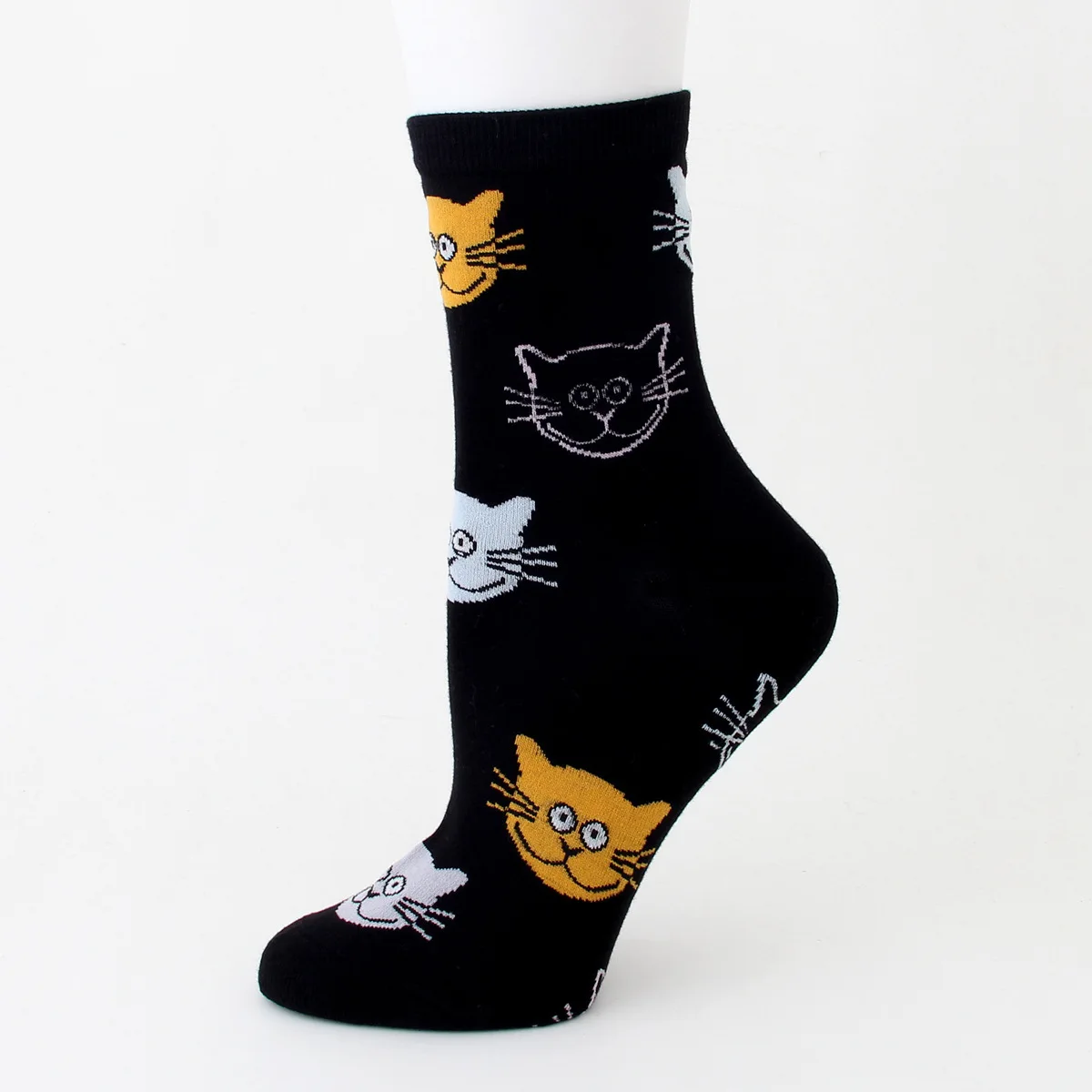 Black Yellow Cat PEONFLY 4 пар/лот, носки из чесаного хлопка, Женские Дышащие милый кавайный котик, принт, забавные носки, повседневные осенние мягкие носки - Цвет: Black Yellow Cat