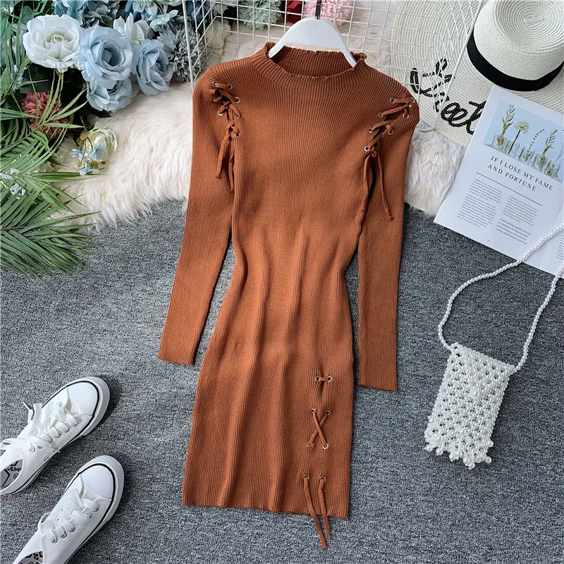 Новая модная тонкая Обувь На Шнуровке на осень и зиму Bodycon вязаный свитер Мини