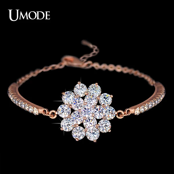 

UMODE Rhinestones Cup Chain and 16 Pcs Glittering Cubic Zirconia Flower Bracelet Rose Gold Color Jewelry for Women UB0040A