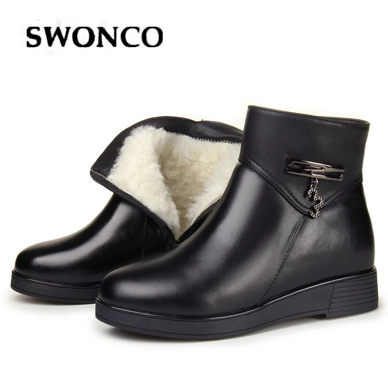

SWONCO Really Wool Fur Snow Boots Women Winter Warm Shoes High Top 2019 Genuine Leather Boots Ankle Female Cotton Padded Shoes
