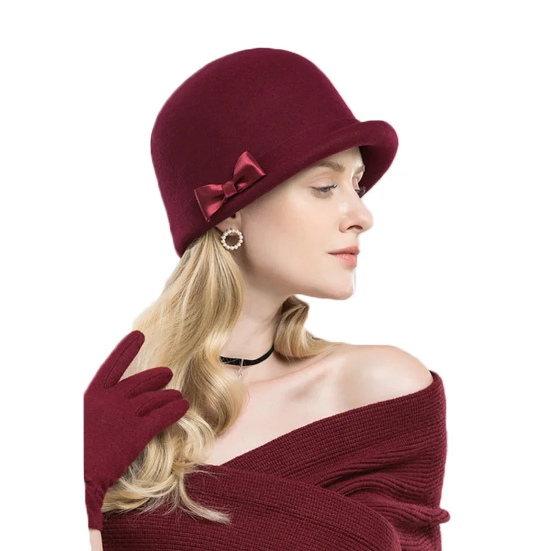 Wine Red Wool Hat Дамская фетровая шляпка-«колокол» FS, шляпа-«котелок» из шерсти, с загнутыми полями и декоративным бантом, для церкви, черная, зимняя - Цвет: Wine Red Wool Hat
