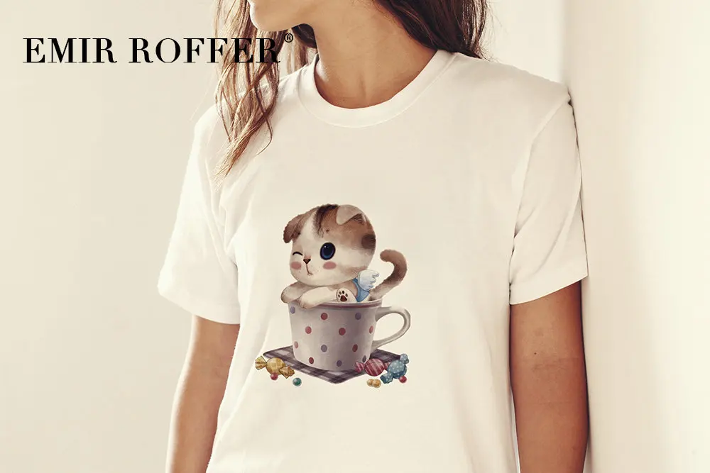 EMIR ROFFER футболка с рисунком кота Женская Милая Kawaii женские Графические футболки