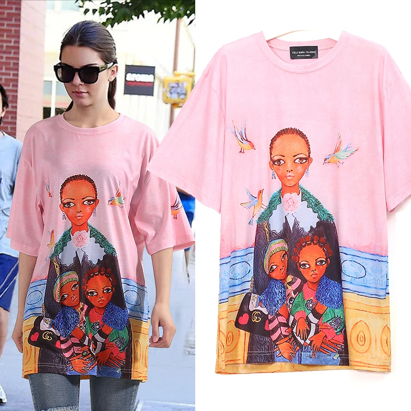 New 2018 Women Pink Color Tee Top Big Size Loose T-Shirt Half Sleeve Cartoon Printed Girls Casual Street Wear T Shirt Style 3338 | Женская