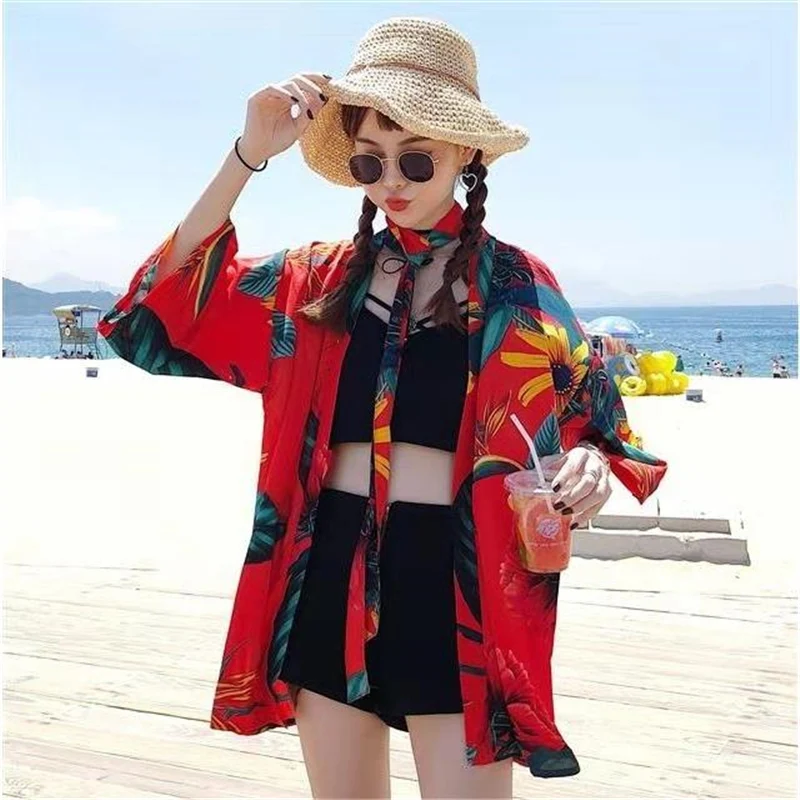 Женская мода кимоно японская одежда Уличная Повседневная Kimonos пляжная сорочка