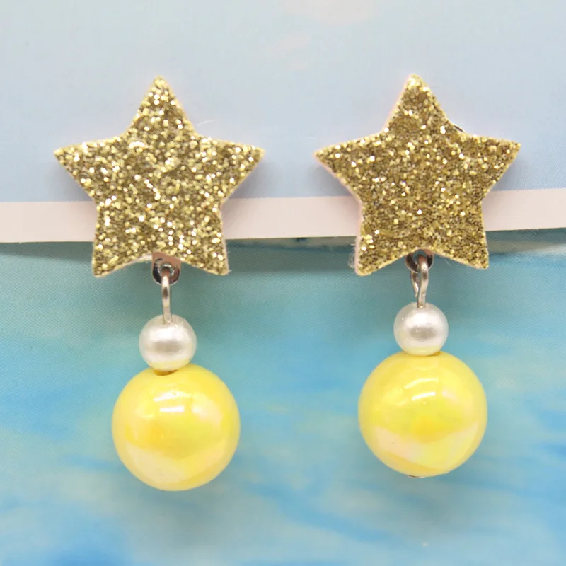 yellow star Новые детские серьги с розовым сердцем и звездами в форме цветка, милые жемчужные серьги для девочек, серьги-клипсы без ушей - Окраска металла: yellow star