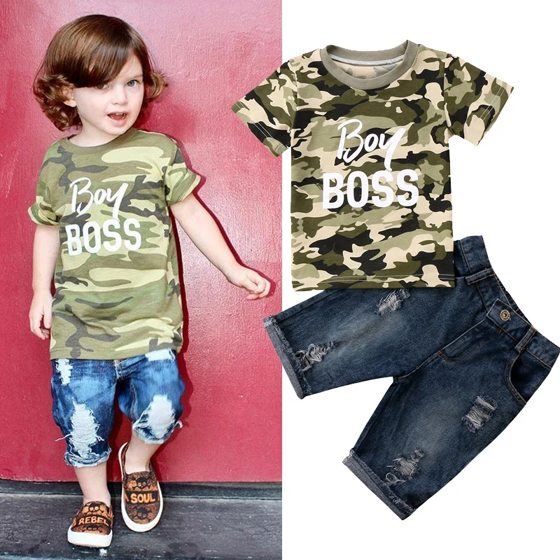 Summer Fashion Toddler Kid Baby Boy Short Sleeve Camo Letter T-Shirt Top+Denim Pants Tracksuit 2PCS Set Clothes Outfit 1-6T |