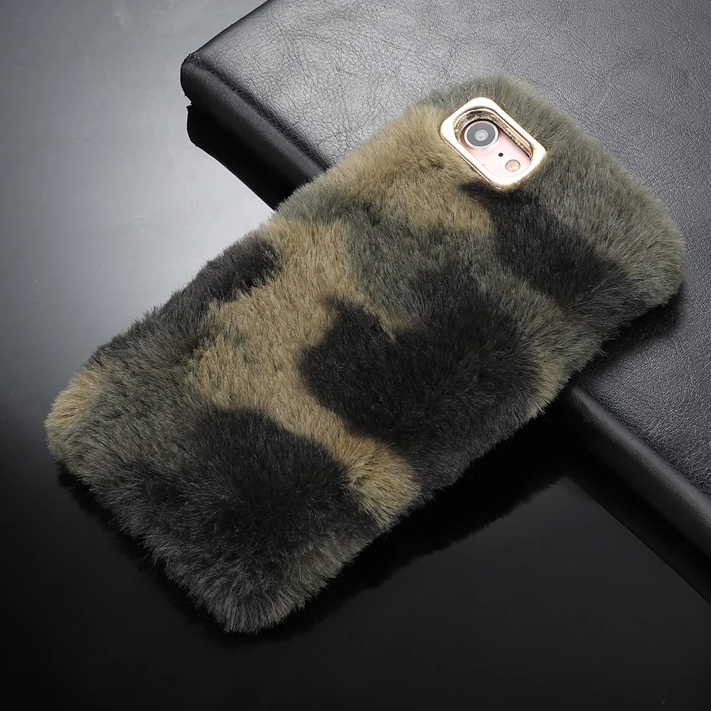 L-FADNUT For iPhone X Case Xr Xs Max 7 8 6 6S Plus 5 5S SE Cover Camouflage Army Green Plush Soft TPU Silicone Bumper Fur Cases |