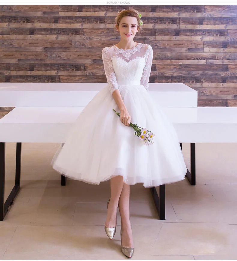 Vestido de festa, Новое свадебное платье длиной до середины икры, рукав три четверти, модное, иллюзионное, кружевное, элегантное, на спине, простое, свадебное платье