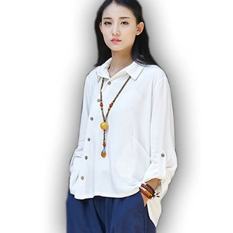 Блузка женская льняная с длинным рукавом ассиметричный дизайн карманами