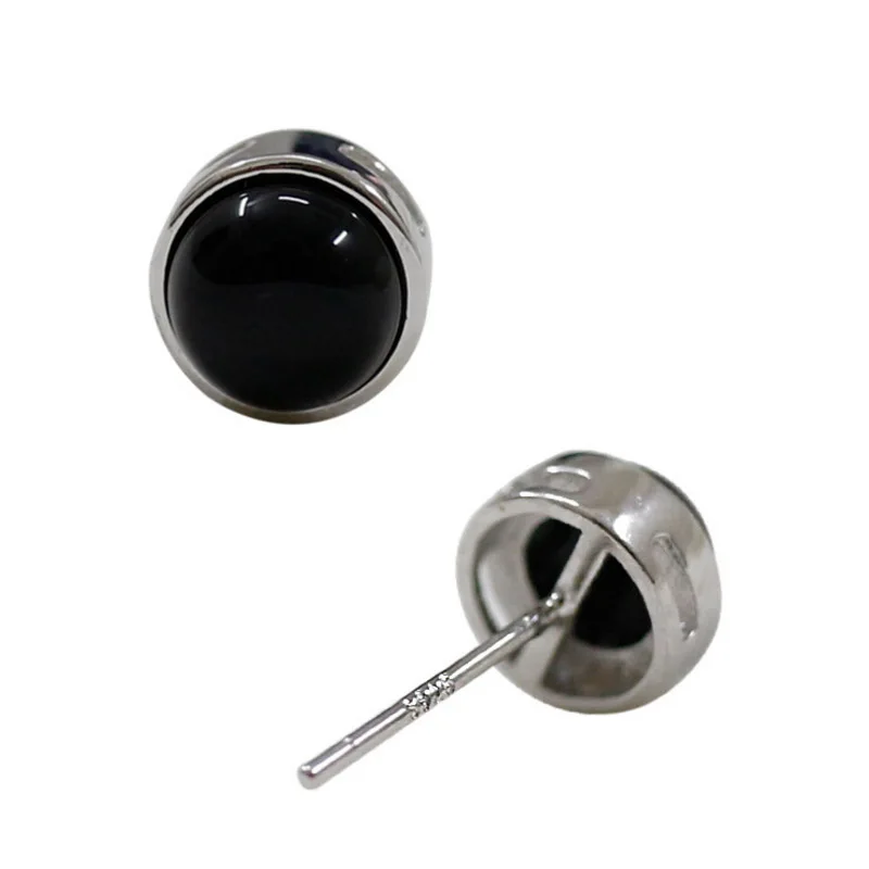 

Classic 925 Sterling Silver Stud Earrings Geometry Black Agate Lover Gift Unisex Couple Fine Jewelry
