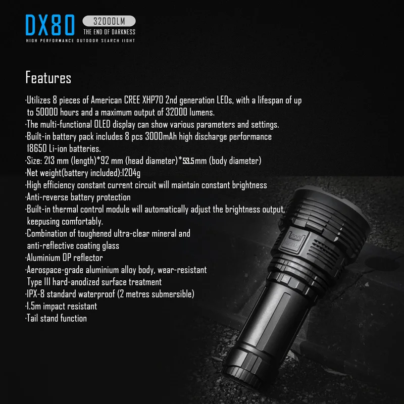 IMALENT DX80, Заводская распродажа, мощный светодиодный фонарик CreeXhp70.2, 32000 люмен, ультра яркий фонарик, водонепроницаемый перезаряжаемый фонарь