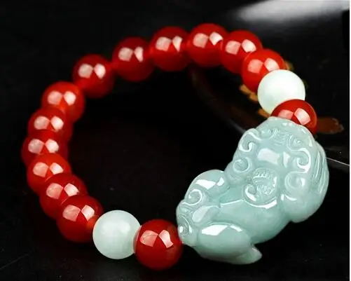 Natural Jadeite A Stone PIXIU Bracelet New Cute Handmade Carved With Red/Black Beads Women Men's Gift Bracelets Jades Jewelry |