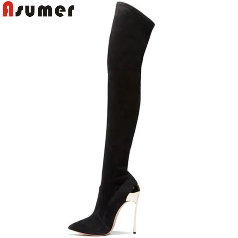

Женские сапоги выше колена ASUMER, черные эластичные сапоги, с острым носком, на тонком каблуке, большой размер 33-43, для осени и зимы