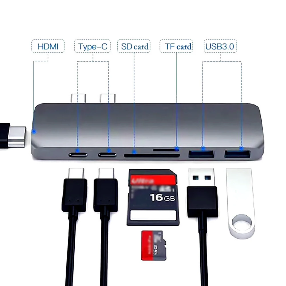 Thunderbolt 3 док 7in1 USB C Hub двойной Тип многопортовый Card Reader USB3.1 зарядки адаптер HDMI 4 K для