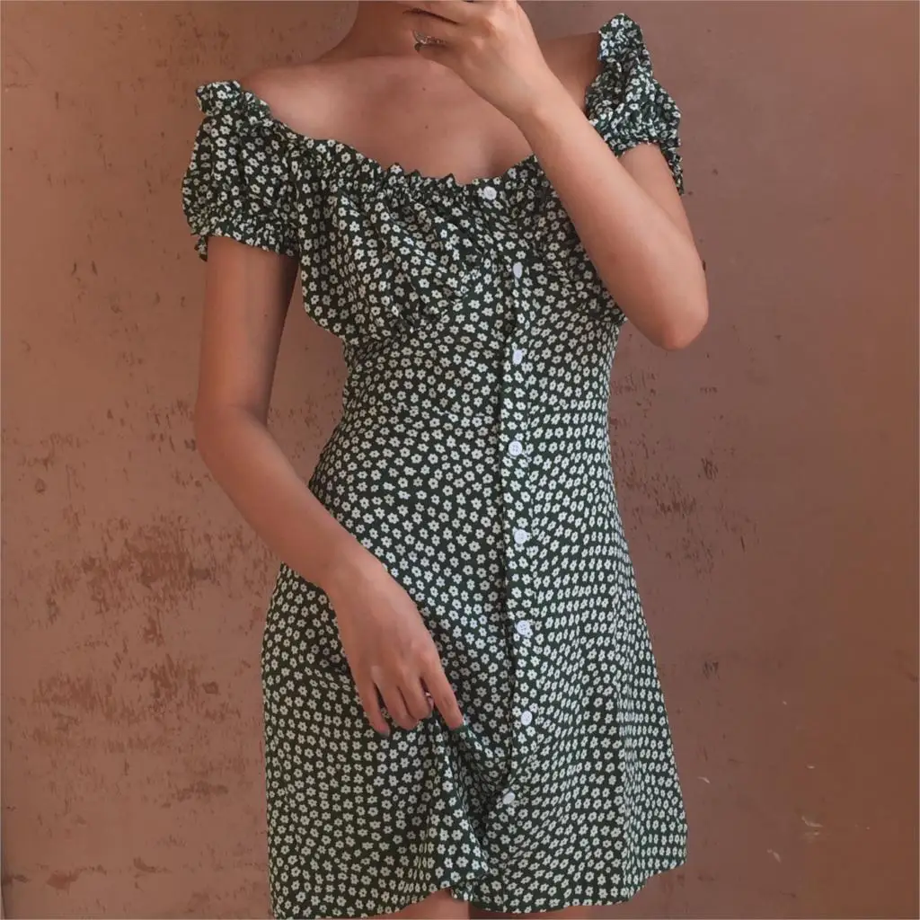 Летнее Сексуальное Женское Платье boho kawaii винтажное зеленое цветочное повседневное мини-платье Элегантное корейское модное пляжное платье vestidos