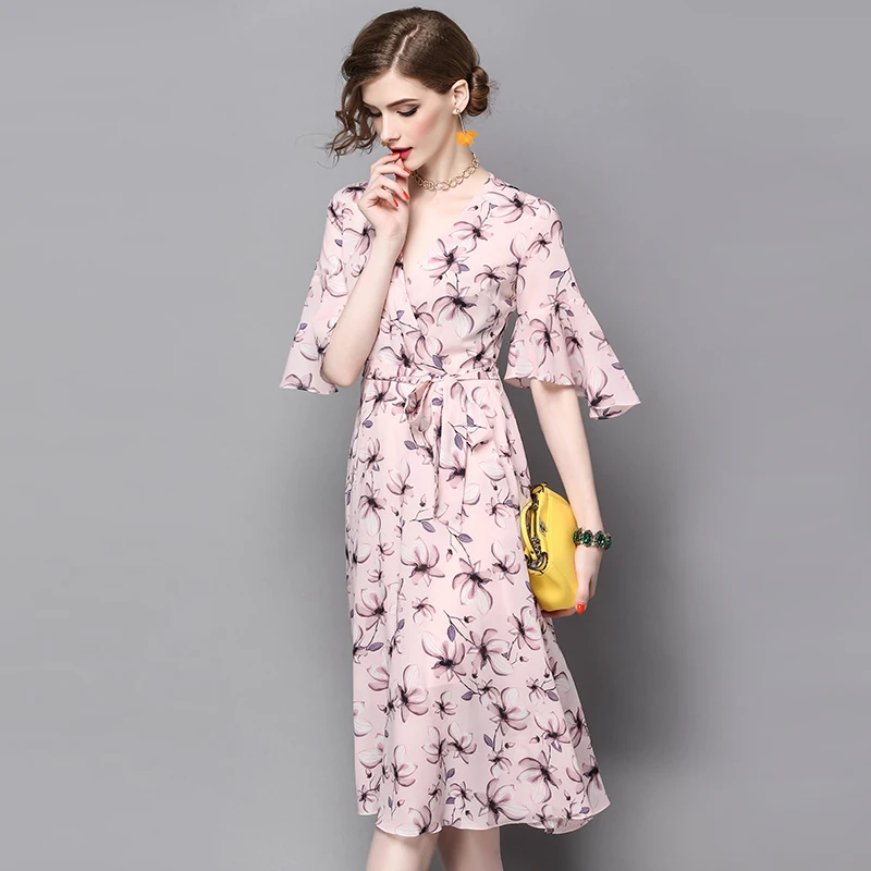 Платье 2017 Лето Новый v-образным вырезом печать с широкими рукавами роковой ете