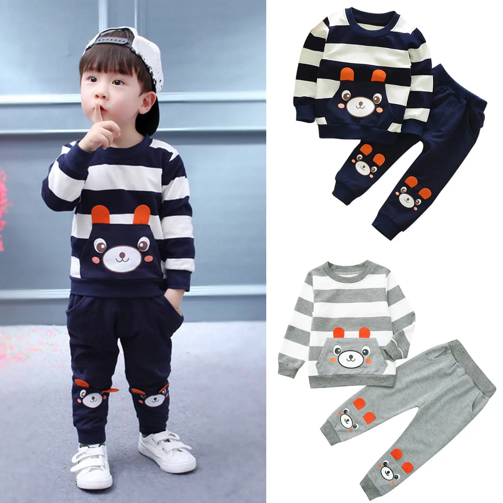 Toddler Kids Baby Boy Cartoon Striped Bear Printed Tops Pants Outfits Set | Детская одежда и обувь