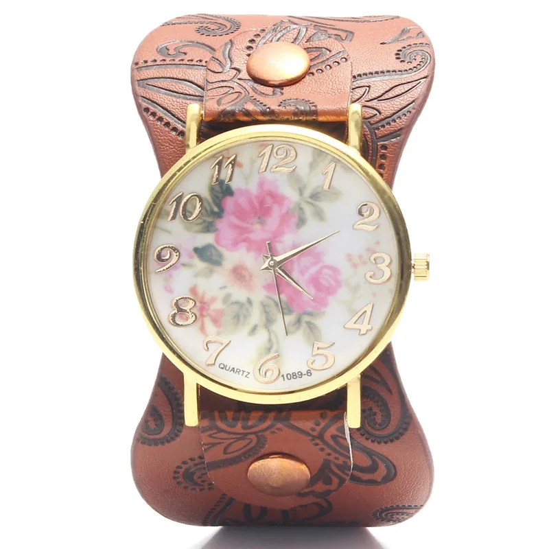 Новый 2015 Мода ЖЕНЕВА Старинные Пион Цветок Часы Женщины Кожа Кварцевые Платье