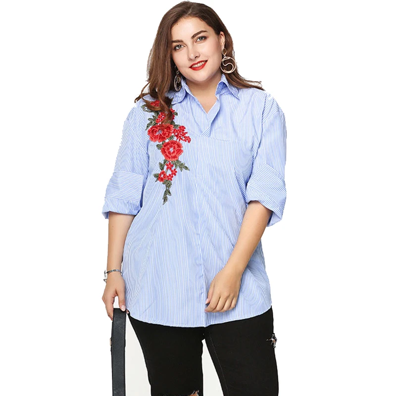 Ilishop Осенняя мода Цветочный принт Вышивка Блузка Половина рукава Рубашка с