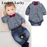 2pcsset newborn baby boy clothes gentleman grey rompers with bow jeans baby boys clothing set