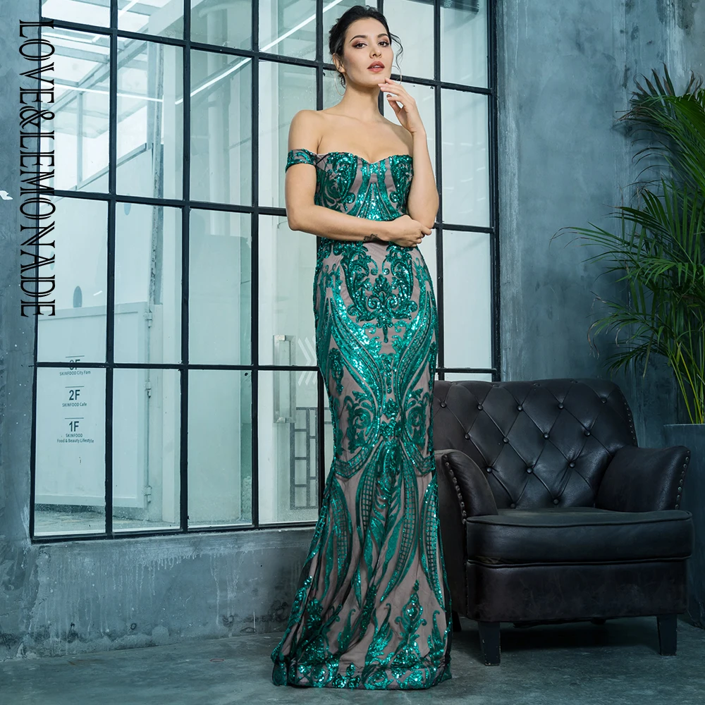 Женское длинное платье LOVE & LEMONADE зеленое облегающее с открытыми плечами и