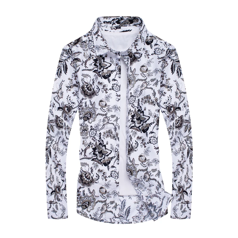 Мужская рубашка с цветочным принтом camisa masculina повседневная приталенная длинным